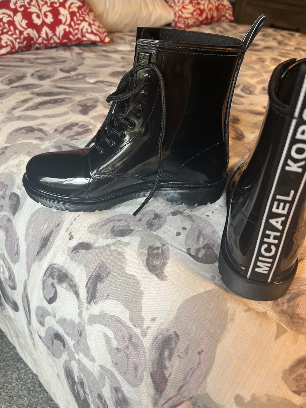 Michael Kors Black Patent Lace-Up Combat Boots with Logo Heel Tab - Picture 7 of 10